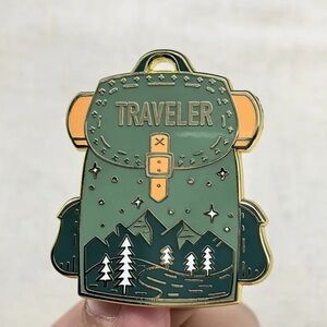 Traveler Green Backpack Pin, Happy Travels, Enamel Metal Pin